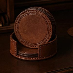 Vintage Leather Coaster Set For Traditional Executive Office And Sophisticated Drinkware Storage