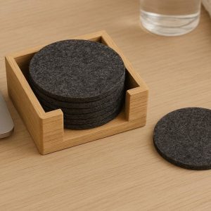 27 Felt Coaster Set With Wooden Holder For Cozy Home Office Styling And Sound Absorbing Protection